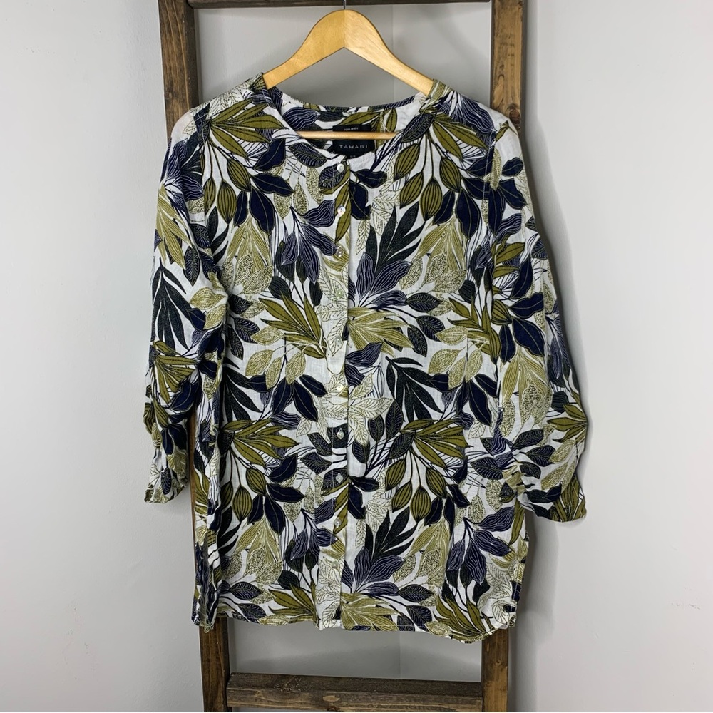 Tahari Leaf Print Linen Blouse Size 1XL